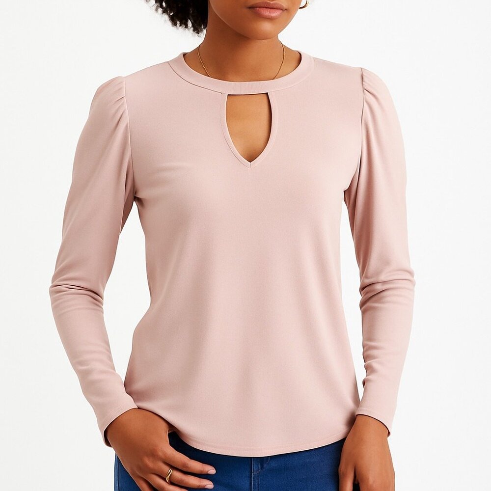 INC Womens M Pink Puff Shoulder Keyhole Blouse Long Sleeve Pullover Polyester‎